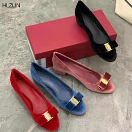 Casual Shoes Women's Bow Velvet Chunky Heel Classic Brand High Quality Hand-made Flat Size 34-42