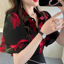 Women's Blouses Fashion Temperament Ruffles Short Sleeve Tops Ladies Vintage Printing Shirts Summer Thin Buttons Clothing 2024