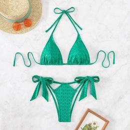 Women's Swimwear Green Bikini Set 2024 Summer Women 2 Piece Swimsuit Sexy Triangle Cup V-neck Bathing Suit Halter Lace-up Thong Backless