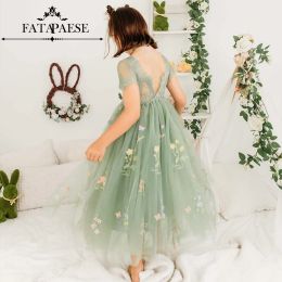 FLORAL EMBROIDEREY Lace Tulle Flower Girl Dresses Sage Green Princess A Line Sleeveless Junior Bridesmaid Gown MC2228