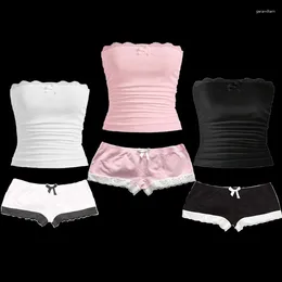 Women's Shorts Aesthetic Solid Colour Suit Sweet Sexy Emo Girl Harajuku Women Tube Top Crop Tops Lace Streetwear Cute Bow Mini