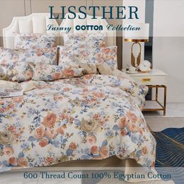 Bedding Sets 3pcs 600 Thread Count Egyptian Cotton Duvet Cover Set (Without Core) Vintage Garden Flower Print Soft And Skin-friendly