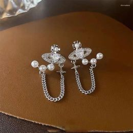 Stud Earrings Temperament Women's Metal Cross Chain Tassel Luxury Hearted Zircon Pearl Earring Korean Style Cool Fashion Jewellery