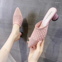 Slippers Pointed Toe Knitting Mules Women Cover Breathable Flip Flops Summer Shoes Sandalias Round High Heels Slides