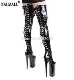 KALMALL Black White Red Patent Leather Sexy Fetish Heels Exotic Pole Dancer Stripper Shoes Zip Strappy Platform Thigh High Boots5417918