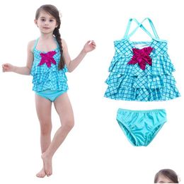 Two-Pieces Children Girls Swimwear Summer Two Pieces Bathing Suits Baby Mermaid Starfish Swimsuit Cartoon Kids Fish Scale Bikinis C6 Dhhbv