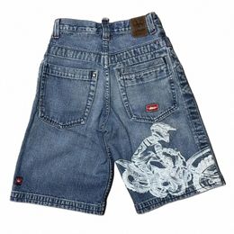 y2k Street Pants Hip-hop Retro Punk Motorcycle Pattern Wed Blue Baggy Denim Shorts 2024 Summer New Gothic Casual Joker Shorts k4Ly#