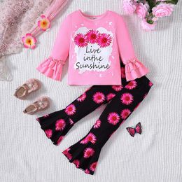 Clothing Sets 2024 Set Girls Long Sleeve O Neck Pirnt Floral Pink Pants 2 Pcs Casual Clothes 18M-7T