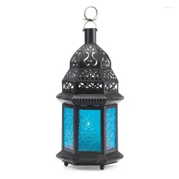 Candle Holders Moroccan Lantern Blue Glass Holder Iron Candleholder