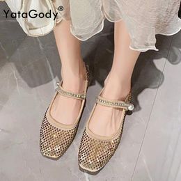 Casual Shoes YATAGODY Size 34-43 Women Sparkly Crystals Ballet Flats Glitter Net Low Heels Gold Mary Jane Buckle Strap Party Wedding