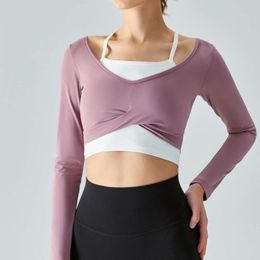 Lu Align Hanging Neck Long Sleeve Shirt Front Cross Pleated Slim Fit Yoga Top Breathable Fiess Clothing LL Gym Sports Workout