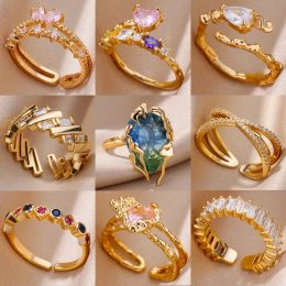 Rings Zircon Heart Rings for Women 14k Yellow Gold Golden Colour Open Ring 2024 Trend Design Female Couple Wedding Waterproof Jewerly