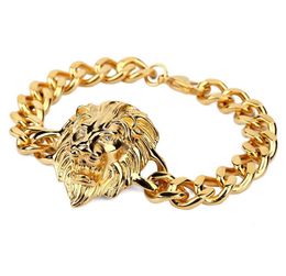 WholeGold Bracelet Men Hiphop Lion Head Bracelet Charms Stainless Steel Wrist Chains Punk Rock Bracelet 24cm2800062