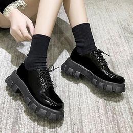 Casual Shoes Spring 2024 Women's Flat Platform Vintage Thick Bottom Lace Up Oxfords Woman Round Toe PU Leather
