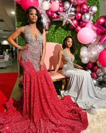 Luxury Red Evening Dress Sexy Rhinestone Applique Tassel Birthday Party Dress New African Girl Ruffle Mermaid Prom Gowns
