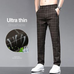 2024 Summer Thin Mens Straight Business Casual Pants British Plaid Stretch Soft Slim Trousers for Men Coffee Black Green 240601