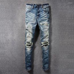 Men's Jeans Street Fashion Blue Retro Elastic Slim Fit Split Patched Designer Hip Hop Brand High Quality Pants Hombr