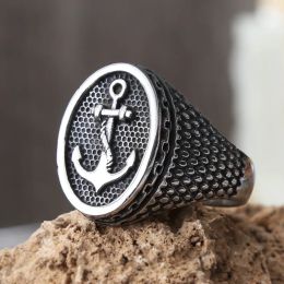 Rings Retro Dot Bump Viking Anchor Ring For Men 14K White Gold Seal Mens Rings Punk Hip Hop Street Jewelry Gift