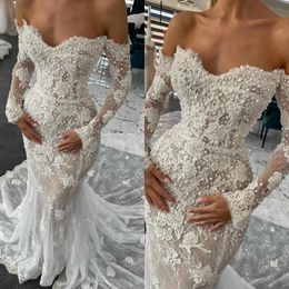 Elegant Mermaid Wedding Dresses For Women Off Shoulder Long Sleeves Bridal Gown Lace Pearls Sweep Train Dress Custom Made vestidos de novia