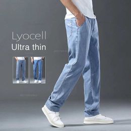 Men's Jeans Lyocell Ice Silk Jeans Mens Summer Ultra-thin Loose Straight Denim Pants Soft Comfortable Brand Male Light Blue Trousers Y240603VUCX