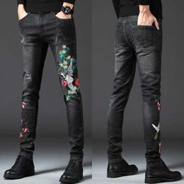 Men's Jeans Mens red-crownedcrane embroidery jeans flower embroidery slimming denim pants scratched mens casual pants black jeans S2460759