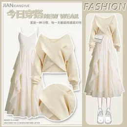 Work Dresses Autumn Winter Women Dress Set Fashion Y2K Midi Crop Top Sweater Streetwear Two Piece Suits
