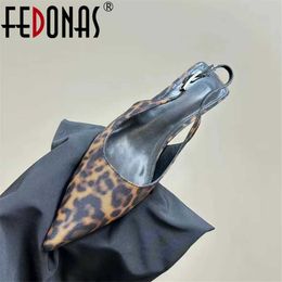 Sandals FEDONAS Ins Women Kitten Heels Slingbacks Sandals Leopard Genuine Leather Pointed Toe Party Wedding Shoes Woman Quality PumpsL2467