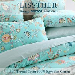 Bedding Sets 3pcs 600 TC Egyptian Cotton Duvet Cover Set (Without Core) Vintage Cyan Paisley Floral Soft Breathable And Skin-friendly