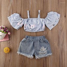 Clothing Sets Toddler Baby's Clothes Girls Summer Set Off Shoulder Floral Ruffle Crop Tops Ripped Denim Shorts Kids 2Pcs Casual Outfit