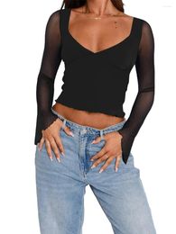 Women's T Shirts Women See Through Mesh Fitted Crop Top Low Cut Long Sleeve Cropped Blouse Y2k Sexy Solid Color Sheer Skinny