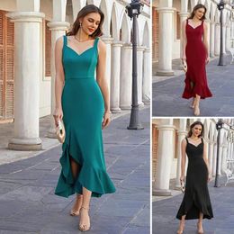 Casual Dresses V-Neck Sleeveless Backless Waist Tight High-Waist Sling Dress Asymmetrical Ruffle Hem Gown