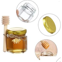 Bottles Jars Honey Hexagon Perfect Gold Mini Shower 1.5Oz Baby Bee Glass Wood Pendants Dipper Lid Wedding/Party Favors Drop Delive Dhpm6