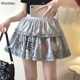 Skirts Black Gothic Lolita Style Mini Skirt Women Japanese Sweet Y2k Love Hearts Ruffle Cake Harajuku Kawaii Short Summer
