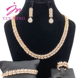 YM Gold Colour Jewellery Set For Women Dubai Party Zircon Wheat Pattern Necklace Earrings Bracelet Ring Accessories 240604