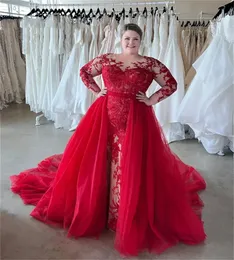 Lace Applique Mermaid Wedding Dresses with Detachable Train Illusion Long Sleeve Red Champagne Princess Bridal Gown Plus Size