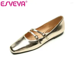 Casual Shoes ESVEVA 2024 Women Flats Heel Fashion Buckle Strap Woman Split Leather Square Toe Spring Summer Size 34-42