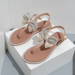 Casual Shoes Summer Rhinestone Pearl Bowknot Flat Sandals Femme 2024 Fashion Gladiator Women Flip Flops Sandalias Mujer