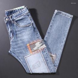 Men's Jeans High Street Fashion Men Retro Light Blue Elastic Stretch Skinny Fit Ripped Patched Designer Hip Hop Denim Pants