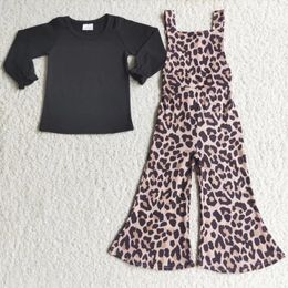 Clothing Sets 2024 Bow Designer For Baby Girls Solid Black Long Sleeve And Leopard Overall Pants Set RTS Clothes