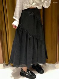 Skirts Women Splice Ruffles Mid Skirt Black High Waist Female Elegant A-Line Jupe Summer 2024