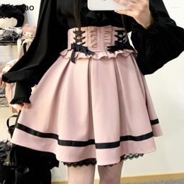 Skirts Japanese Gothic Lolita Style Mini Skirt Girls Sweet Lace Ruffles Slim Ribbon Streetwear Sexy Women Cute Y2k Party