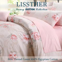 Bedding Sets 3pcs 600 TC Egyptian Cotton Duvet Cover Set Without Core) Pinky Blooming Rose Pattern Soft And Skin-friendly