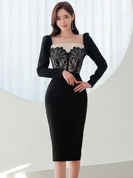 Casual Dresses Spring Autumn Work Style Formal Pencil Dress Women Clothes Elegant Office Sheer Sexy Long Sleeve Slim Midi Party Gown