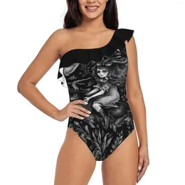Women's Swimwear Vvitch-Color Variant 2 One Shoulder Ruffle Swimsuit Piece Print Women Bathing Suit Monokini Halloween Witch Wizard