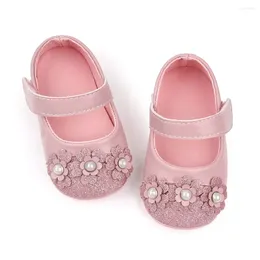 First Walkers Baby Shoes Boy Girl Pearl Leather Rubber Flowers Sole Anti-slip Toddler Infant Crib Born