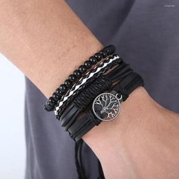 Charm Bracelets 3-4Pcs Vintage Leather Bracelet Set For Men Tree Of Life Black Woven Rope Beads Chain Wrap Bangle Women Handmade Jewellery