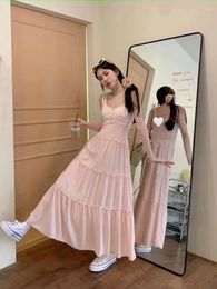 Casual Dresses Pink Camisole Dress For Women's Summer 2024 Pinch Waist Skirt Small Stature French Gentle Style A-line Long