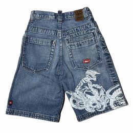hip-hop Retro Punk Motorcycle Pattern Wed Blue Baggy Denim Shorts 2024 Summer New Gothic Casual Joker Shorts Y2K Street Pants n2XX#