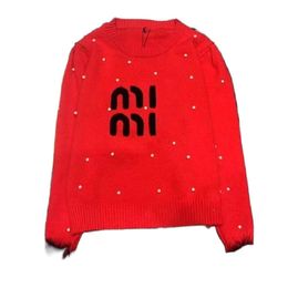 Women's o-neck long sleeve logo letter embroidery beading red Colour knitted fur cuff sweater tops SML