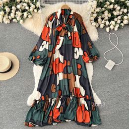 Personalized printing design sense of minority Lantern Sleeve high neck temperament heavy industry loose dress knee length skirt